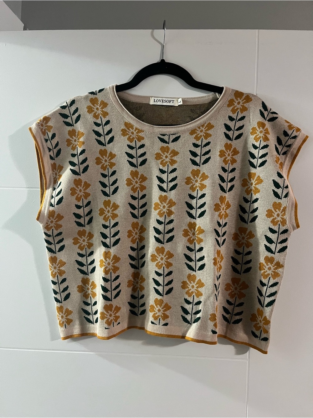 Cream Floral Knit Top with Mustard Flowers